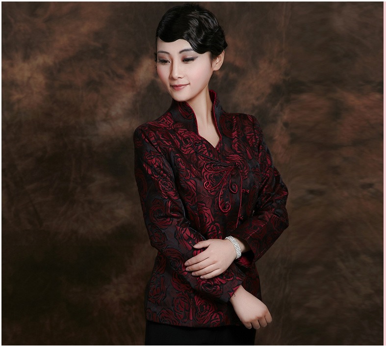 Pleasing Rose Flowers Chinese Tang Jacket - Claret - Chinese Jackets ...