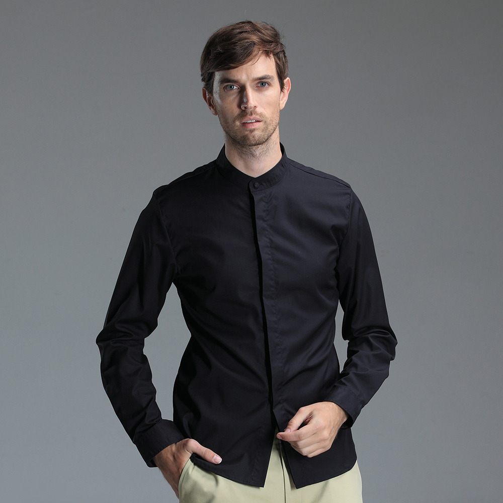 Mandarin Collar Hidden Button Non-Iron Shirt - Black - Chinese Shirts ...