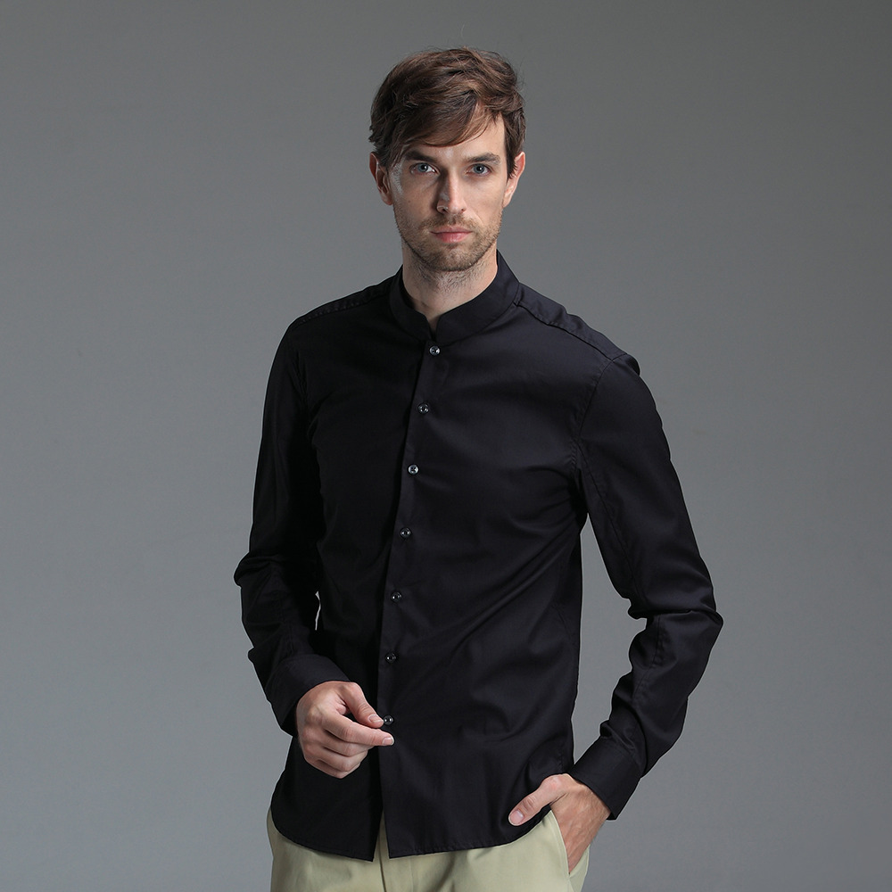 Mandarin Collar Non-Iron Cotton Shirt - Black - Chinese Shirts ...