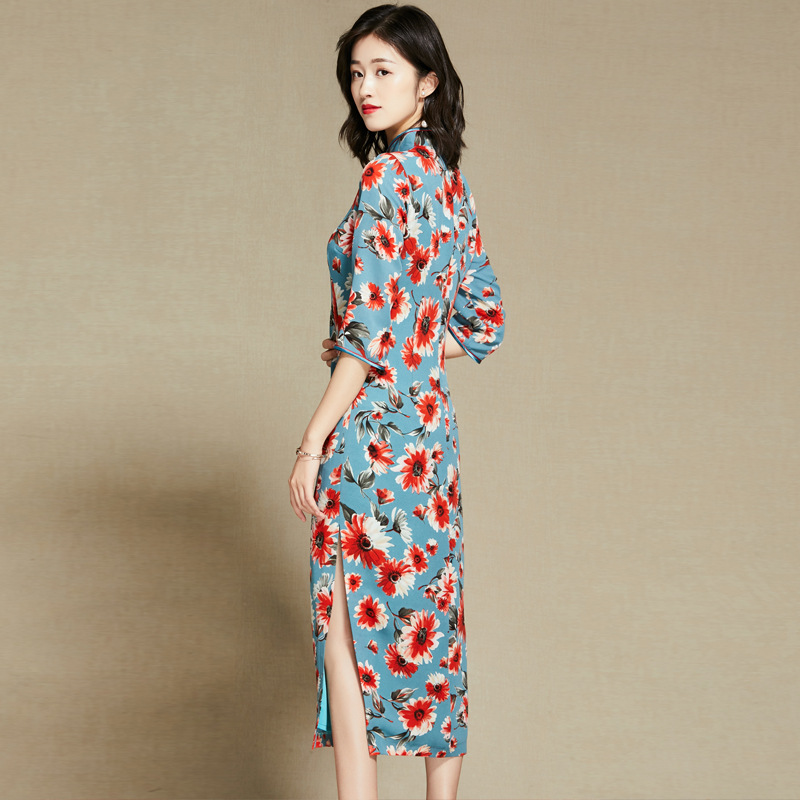 Pretty Floral Print 3/4 Sleeve Cheongsam Qipao Dress - Qipao Cheongsam ...