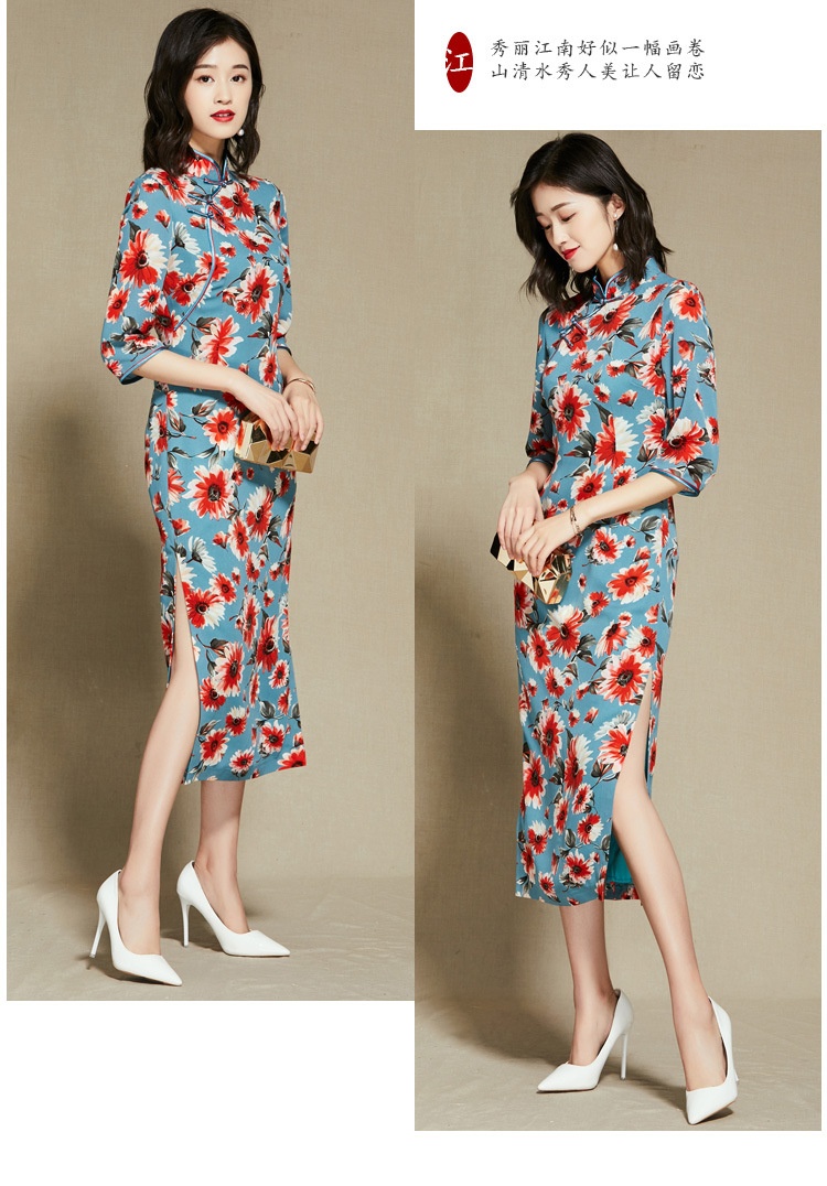 Pretty Floral Print 3/4 Sleeve Cheongsam Qipao Dress - Qipao Cheongsam ...