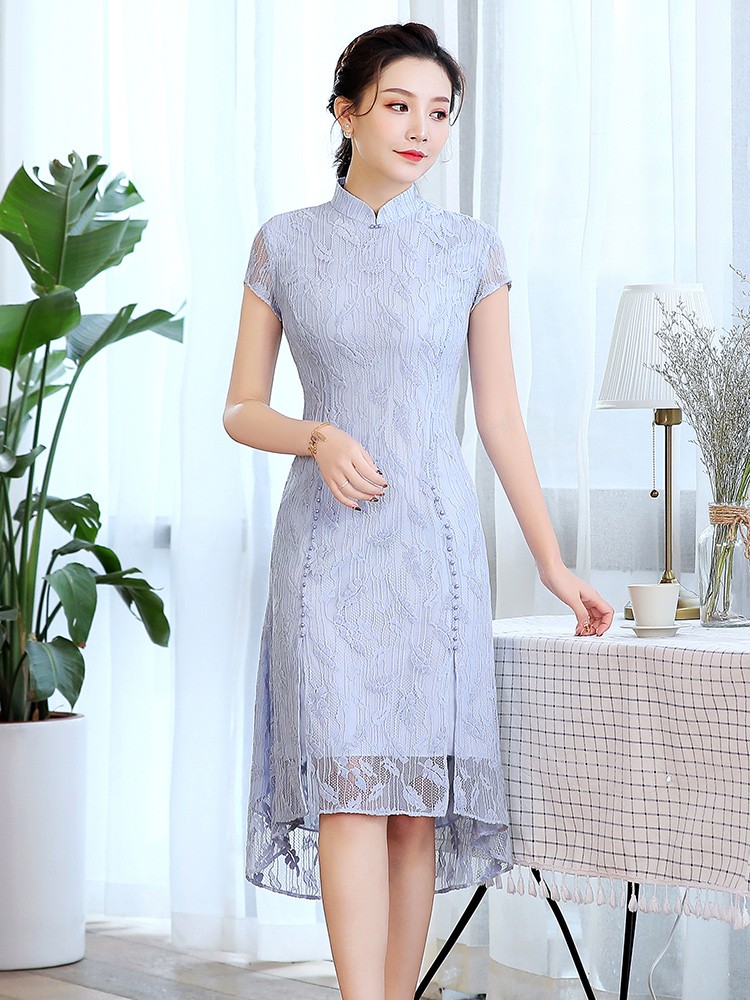 Modern Light Blue Floral Lace Dress Qipao Cheongsam - Qipao Cheongsam ...