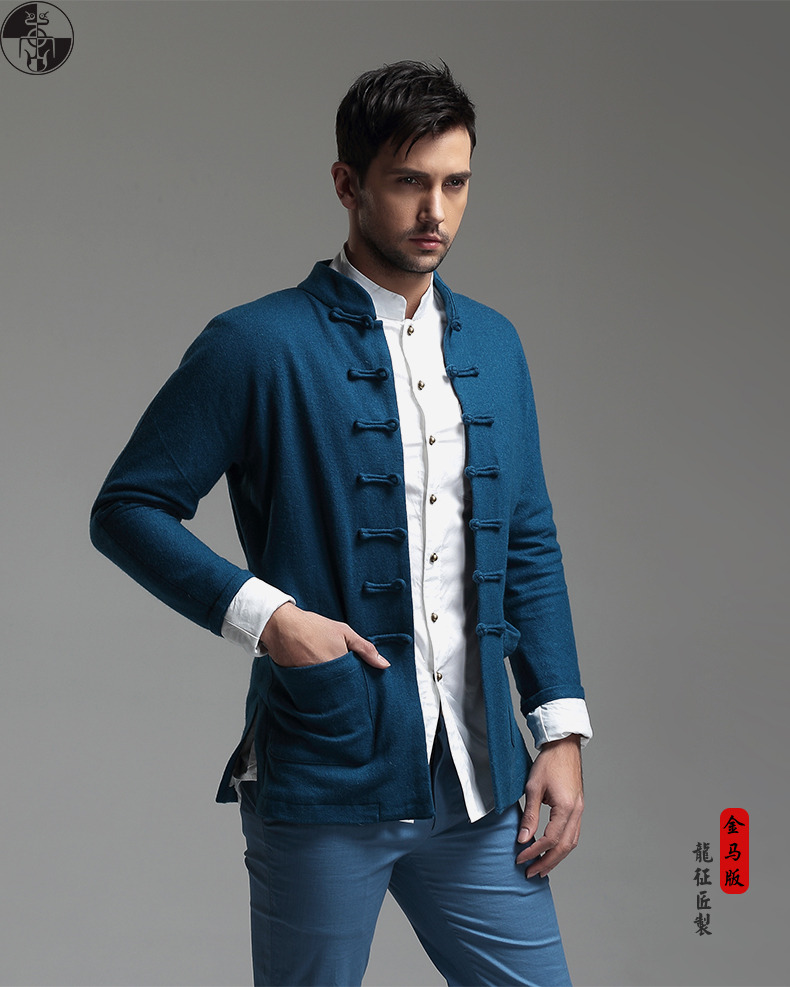 Woolen Cloth Chinese Tang Jacket for Men - Blue - Chinese Jackets ...