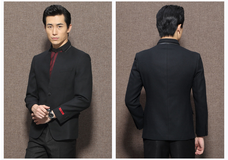 Well Made Stand-up Collar Two Buttons Black Blazer - Chinese Jackets ...