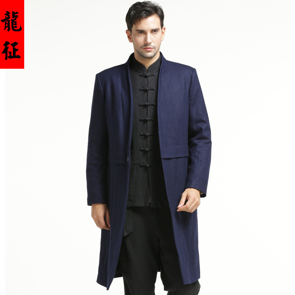 Amazing Stand-up Collar Open Neck Long Coat - Dark Blue - Chinese ...
