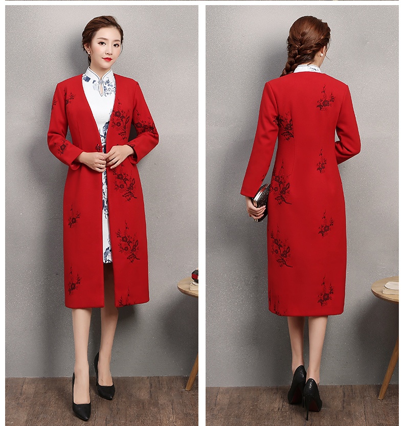 Charming Embroidery V-neck One Button Long Chinese Coat - Chinese ...