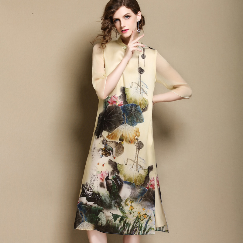 Grand Floral Print Silk Cheongsam Qipao A-line Dress - Qipao Cheongsam ...