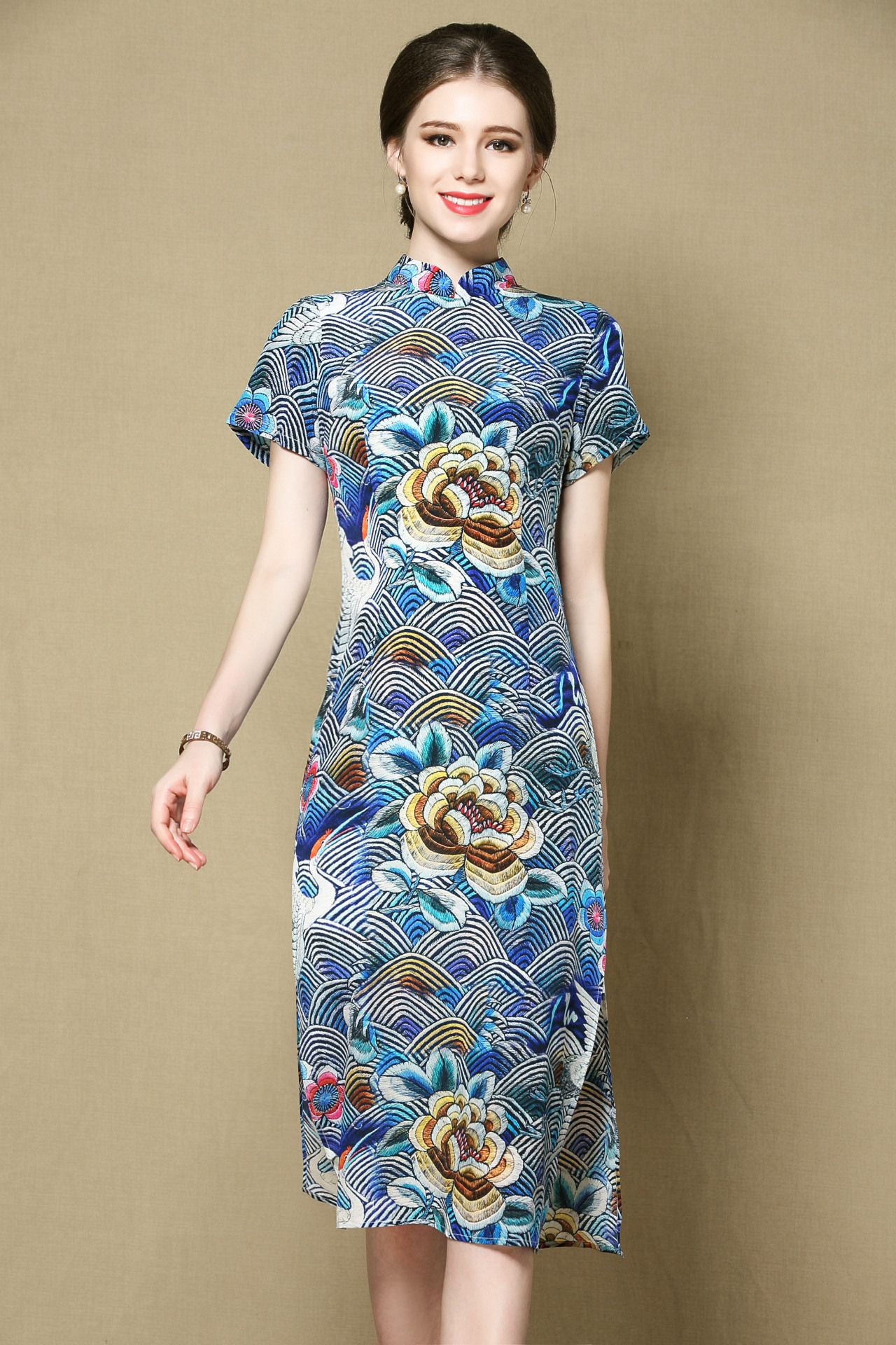 Engaging Floral Print Silk Cheongsam Qipao Dress - Qipao Cheongsam ...