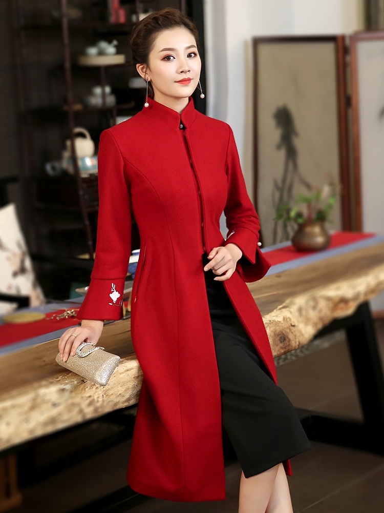 Gorgeous Red Stand-up Collar Bell Sleeve Long Coat - Chinese Jackets ...