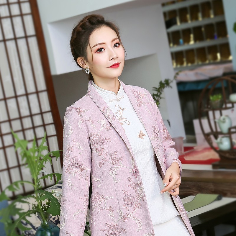 Pretty Jacquard Long Mandarin Style Jacket - Pink - Chinese Jackets ...