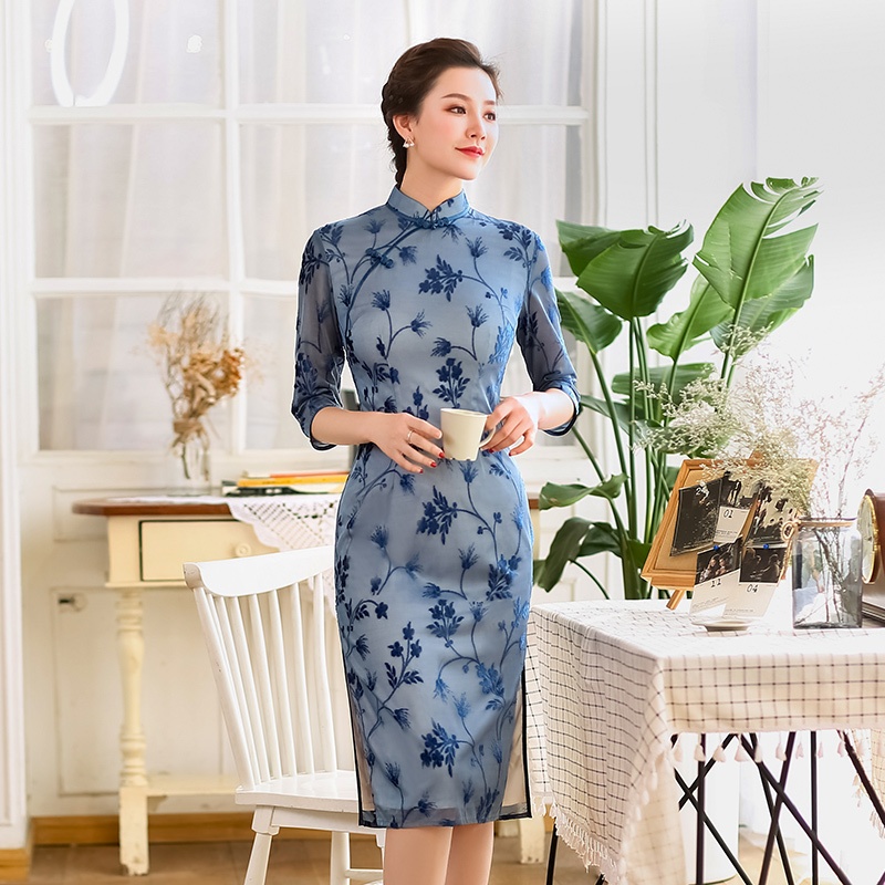 Charming Flocked Velvet Cheongsam Qipao Dress - Blue - Qipao Cheongsam ...