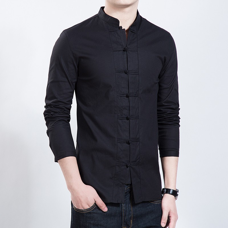 Excellent Stand-up Collar Frog Button Shirt - Black - Chinese Shirts ...