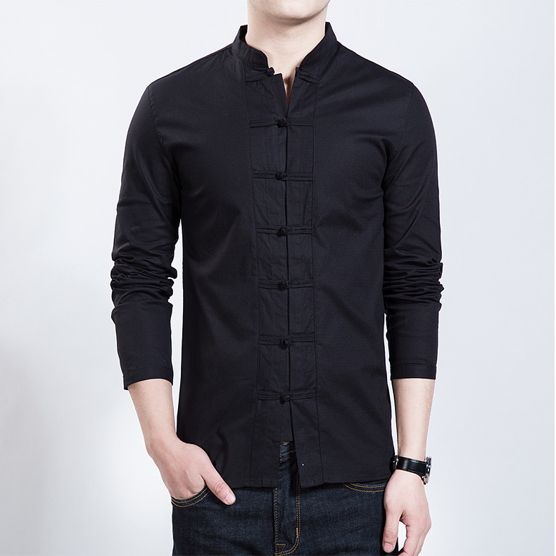 Excellent Stand-up Collar Frog Button Shirt - Black - Chinese Shirts ...