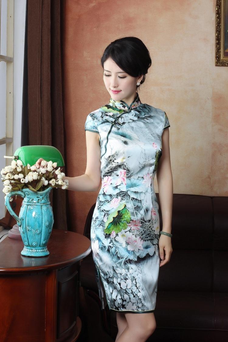 Beautiful Lotus Flowers Print Silk Cheongsam Qipao Dress - Qipao ...