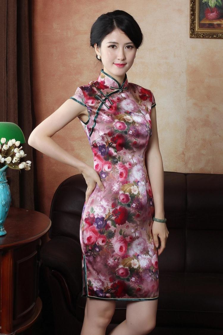 Gleaming Flowers Print Short Silk Cheongsam Qipao Dress - Qipao ...