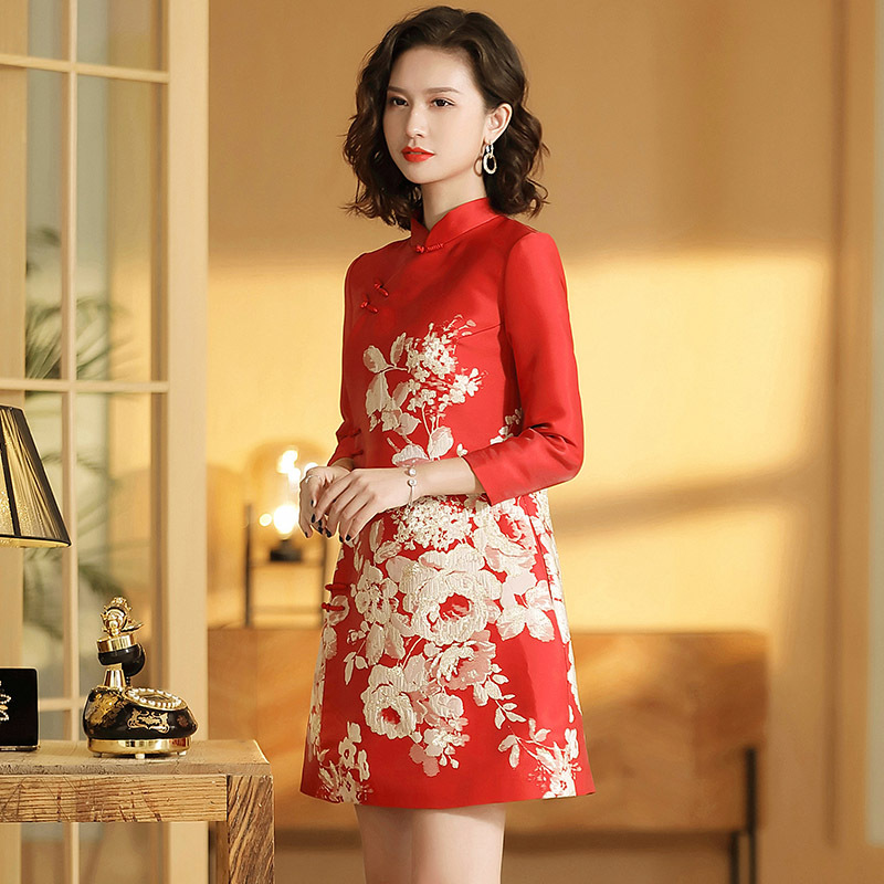Floral Embroidery Short Qipao Cheongsam Dress - Red - Qipao Cheongsam ...