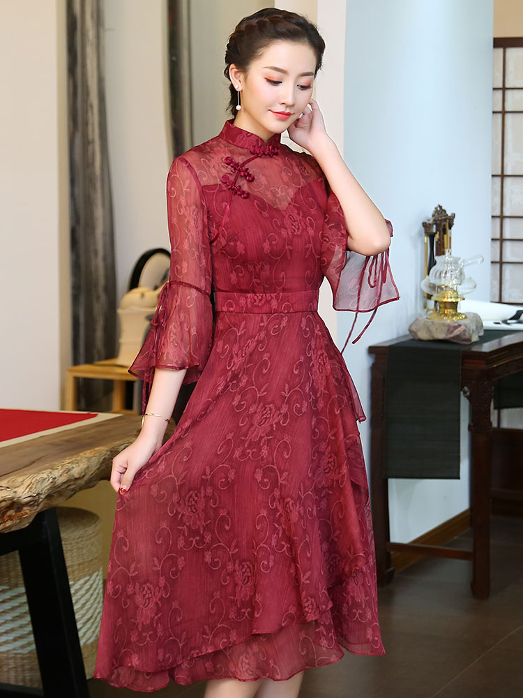 Modern Bell Sleeve Qipao Cheongsam A-line Dress - Qipao Cheongsam ...