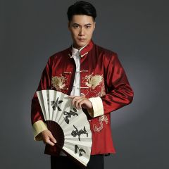 Double Dragons Embroidery Kung Fu Jacket - Claret