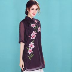 Adorable Embroidery Silk Chiffon Chinese Qipao Blouse