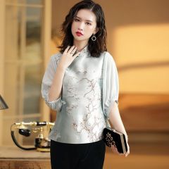 Beautiful Half Sleeve Qipao Cheongsam Shirt - Blue