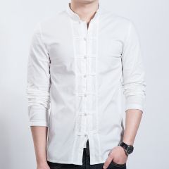 Seven Frog Buttons Stand-up Collar Shirt - White