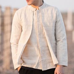 Modern Stand-up Collar Linen Mandarin Shirt - Beige