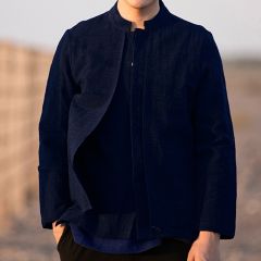 Modern Stand-up Collar Linen Mandarin Shirt - Dark Blue