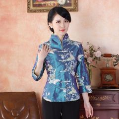 Enticing Flower Embroidery Chinese Tang Jacket - Blue