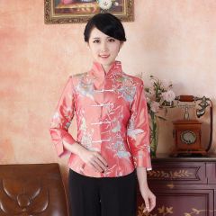 Enticing Flower Embroidery Chinese Tang Jacket - Pink
