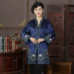 Charming Embroidery V Neck Frog Button Chinese Coat - Blue