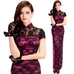Marvelous Roses Lace Long Cheongsam Dress - Pink