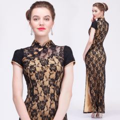 Marvelous Roses Lace Long Cheongsam Dress - Yellow