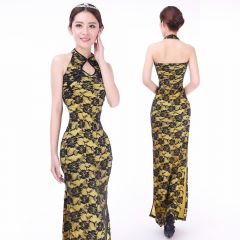 Modern Sexy Roses Lace Long Cheongsam Dress - Yellow