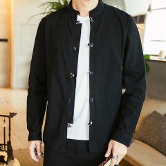 Frog Button Stand-up Collar Cotton Shirt - Black
