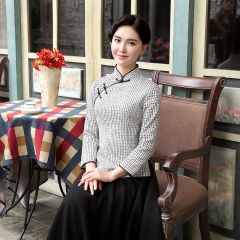 Winsome Plaid Wool Blend Qipao Cheongsam Shirt - White