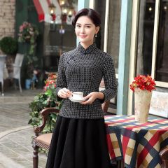 Winsome Plaid Wool Blend Qipao Cheongsam Shirt - Black