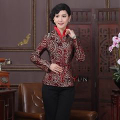 Mandarin Collar Open Neck Jacquard Chinese Jacket - Claret