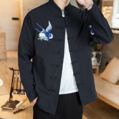 Double Swallows Embroidery Frog Button Jacket - Black