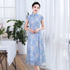 Lovable Floral Print Chiffon A-line Chinese Dress - Blue