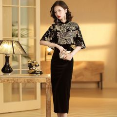 Modern Cape Sleeve Velvet Qipao Cheongsam Chinese Dress