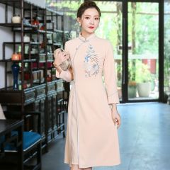 Embroidery A-line Qipao Cheongsam Chinese Dress - Pink