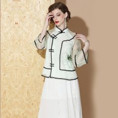 Pretty Embroidery Silk Chiffon Chinese Blouse - White