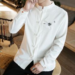 Sole Flying Crane Embroidery Frog Button Shirt - White