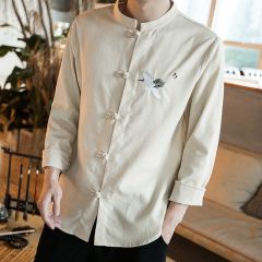 Sole Flying Crane Embroidery Frog Button Shirt - Beige