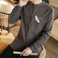 Sole Flying Crane Embroidery Frog Button Shirt - Gray