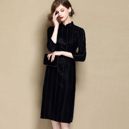 Striped Velvet Qipao Cheongsam Dress - Dark Blue