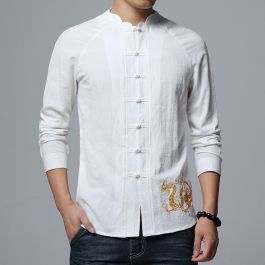 Delightful Golden Dragon Embroidery Chinese Shirt - White