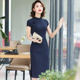Sweet Stripe Chinese Dress Qipao Cheongsam - Dark Blue
