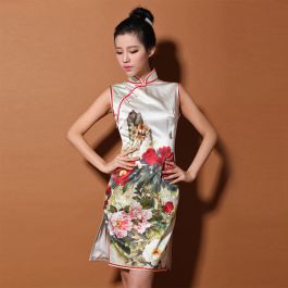 Custom Made Poney Flowers Silk Cheongsam Qipao Dress
