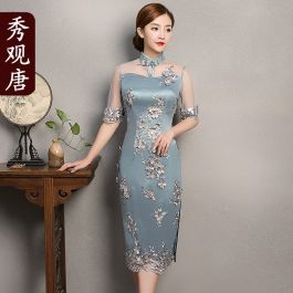 Striking Roses Embroidery Cheongsam Qipao Dress - Light Blue